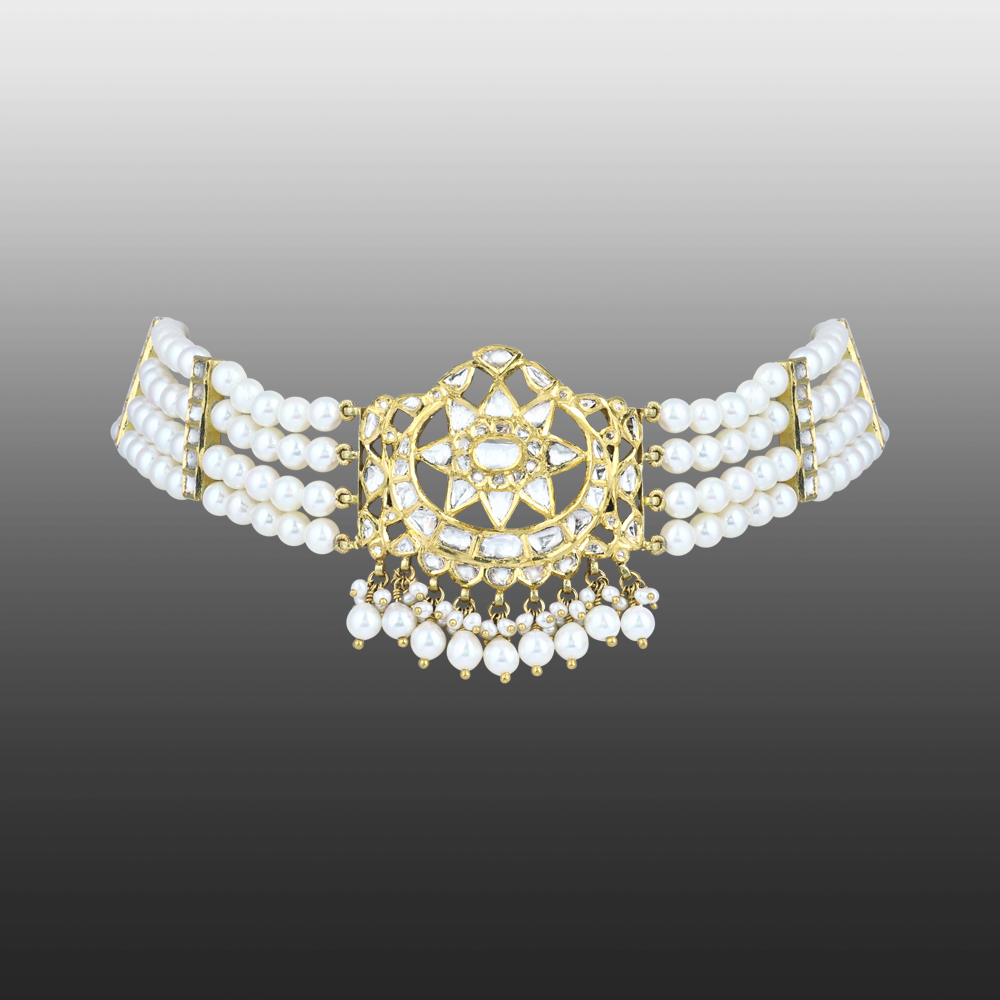 Polki Choker with Pearl Strands and Geometric Central Motif